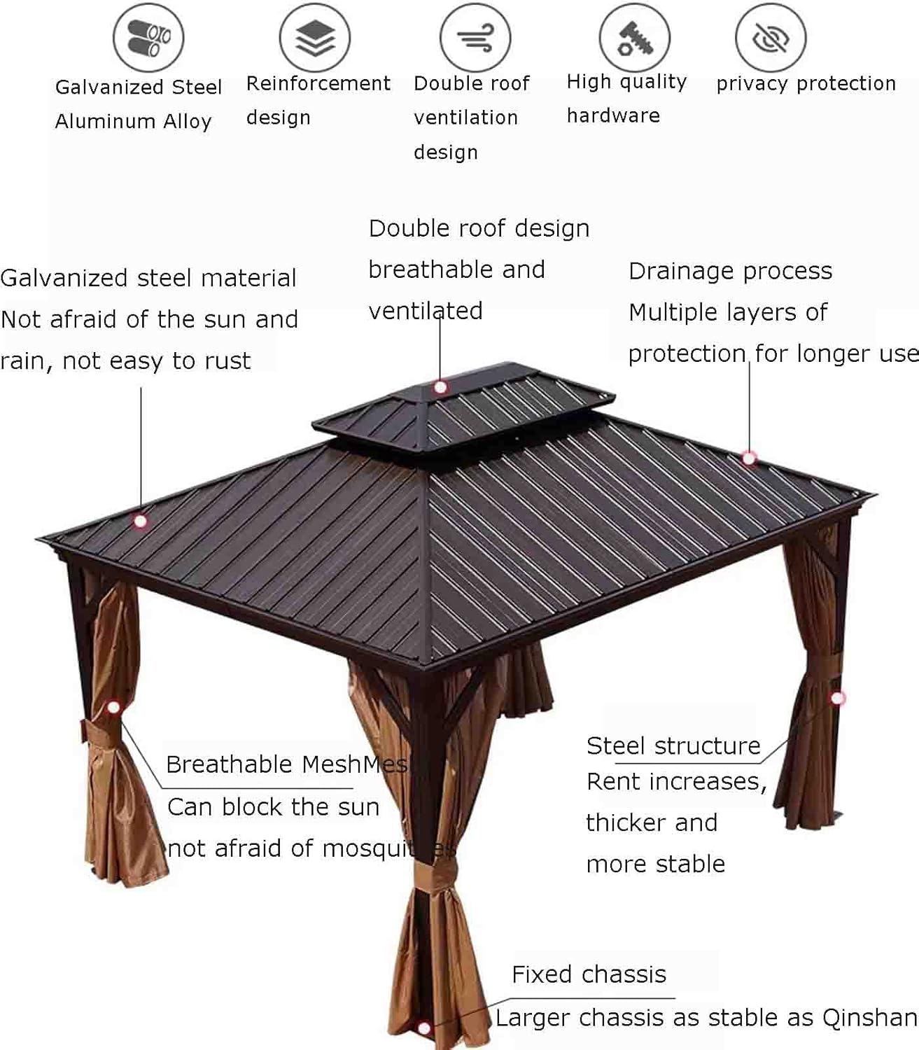 12×10 Premium All-Weather Gazebo – Double Roof with Mosquito Net & Curtains