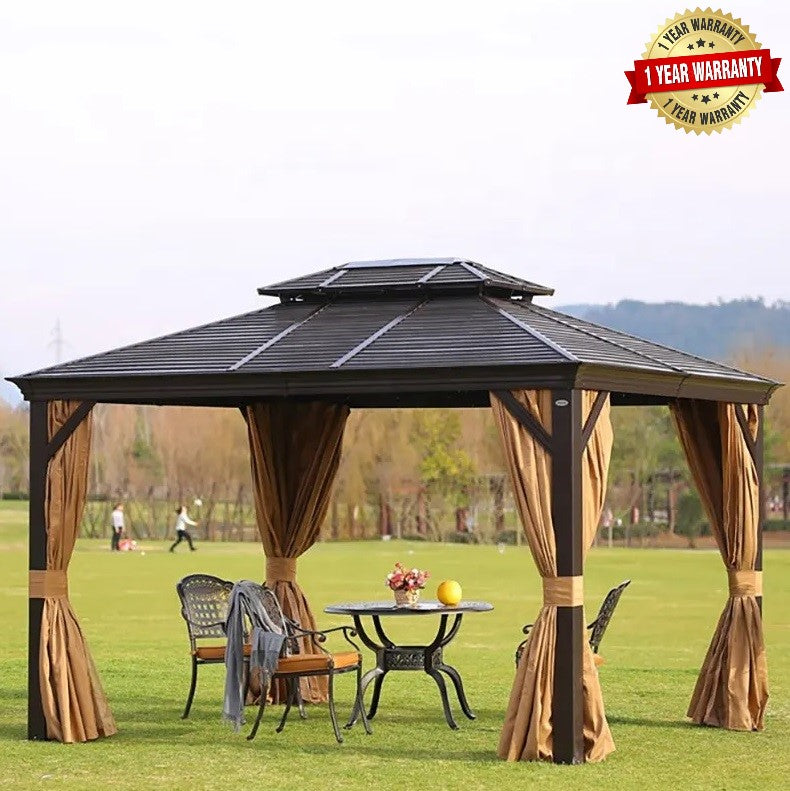 12×10 Premium All-Weather Gazebo – Double Roof with Mosquito Net & Curtains