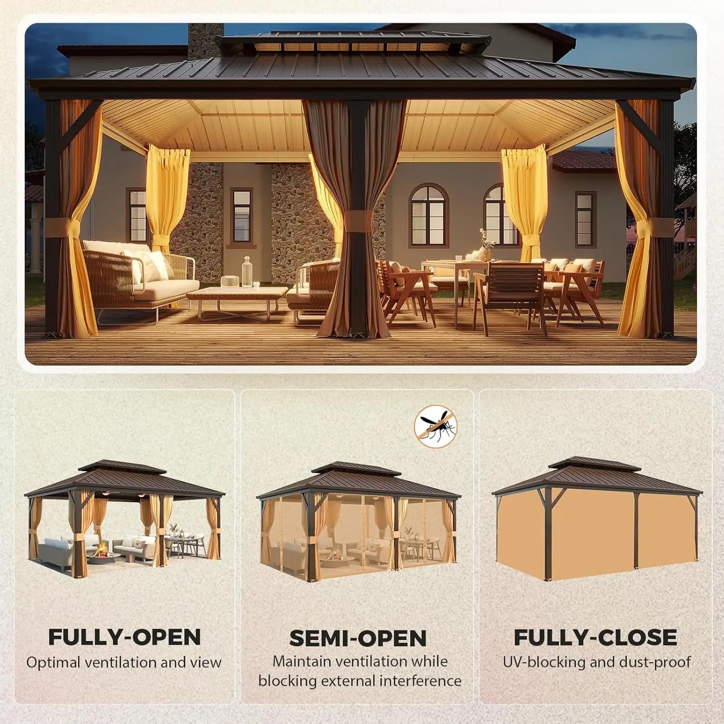 12×20 ft Premium All-Weather Gazebo – Double Roof with Mosquito Net & Curtain