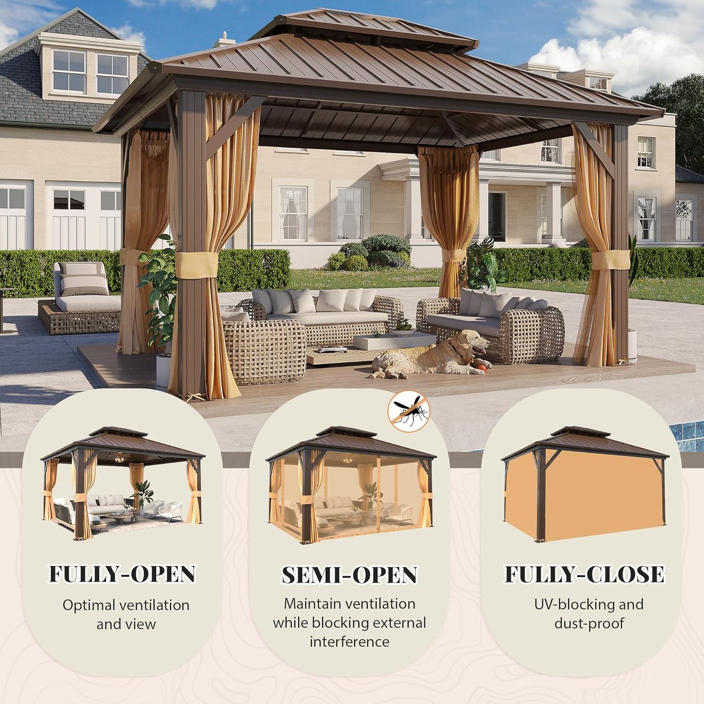 12×10 Premium All-Weather Gazebo – Double Roof with Mosquito Net & Curtains