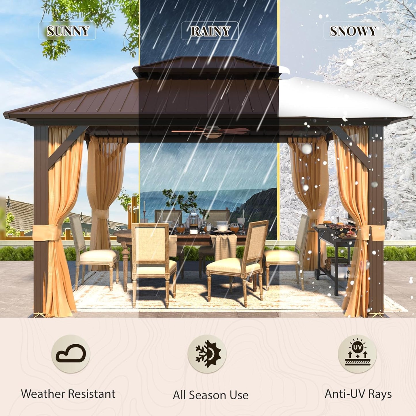 12×10 Premium All-Weather Gazebo – Double Roof with Mosquito Net & Curtains
